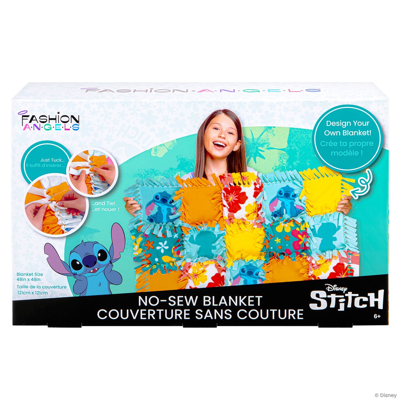 Fashion Angels: Disney’s Stitch -No-Sew Blanket Kit – Make Your Own Tie & Tuck 48” Throw, 25 Assorted Pattern Polar Fleece Squares, Art Craft, Kids 6+